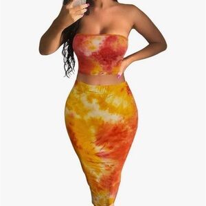 Tie-Dye Orange Yellow Bodycon Midi Skirt